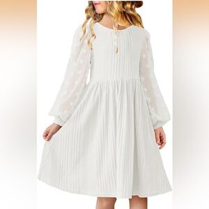 Charming White Kids Dress with Sheer Swiss Dot lantern Sleeves - Size 10-11Y